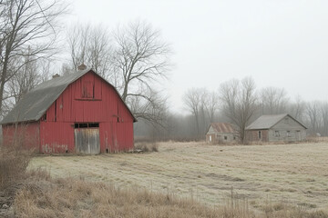 Red barn with a large door sits in a field. There are two other buildings in the background