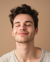 Fototapeta premium A young man with brown hair smiles with his eyes closed