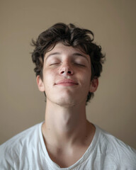 Fototapeta premium A young man with brown hair smiles with his eyes closed in a close-up portrait