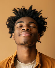 A young man with a full head of curly hair smiles with his eyes closed against a tan background