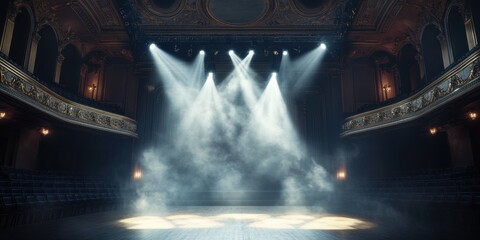 Ultra HD shot of ethereal smoke wisps floating through a grand concert hall, ornate baroque architecture, dramatic stage spotlights cutting through haze