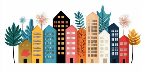 Obraz premium Colorful and Playful Cityscape Illustration with Diverse Buildings Surrounded by Foliage and Abstract Elements for Creative and Modern Design Needs