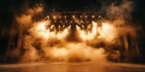 Ultra-wide panoramic view of smoke cascading across Broadway stage, converging spotlight array, sharp light columns, dramatic proscenium arch framing, cinematic stage composition