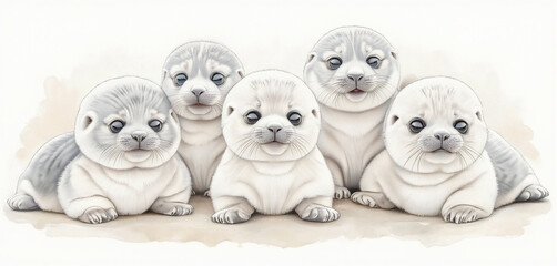 Fototapeta premium Watercolor seal pups lying together with soft oceanic backgrounds