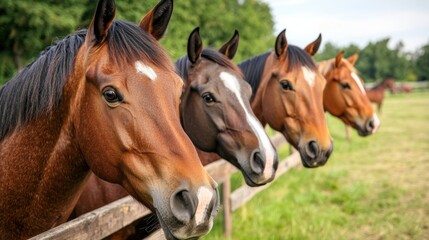 Equestrian field bordered by a wooden fence, with horses trotting gracefully in the cool morning air