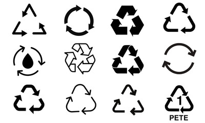 Recycle icon set Generally used for eco-friendly practices, recycling campaigns, environmental initiatives, and sustainability projects.