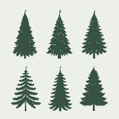 six different types of Christmas trees. All the trees are green in color and have a simple, minimalist design