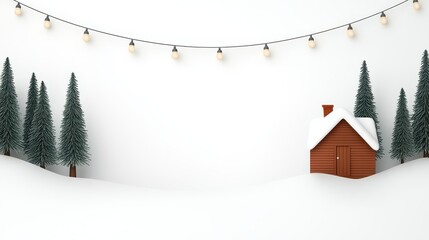 Cozy Winter Scene with a Small Wooden Cabin Surrounded by Snowy Landscape, Fir Trees, and Decorative String Lights on a Crisp White Background