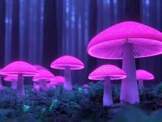 Fototapeta premium Vibrant glowing mushrooms illuminate a mystical forest at night
