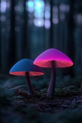 Fototapeta premium Colorful glowing mushrooms in a dark forest during evening hours