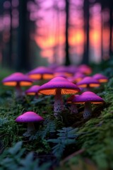 Fototapeta premium Vibrant purple mushrooms glow under a sunset in a dense forest
