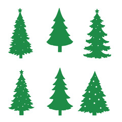 six different types of Christmas trees. All the trees are green in color and have a simple, minimalist design