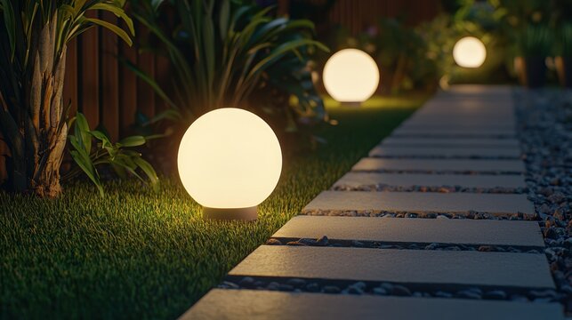 Glowing garden decorations powered by solar lights, illuminating pathways in a soft, warm glow