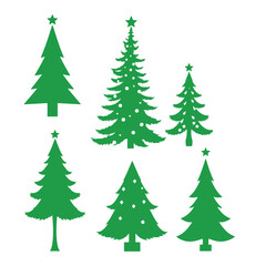 six different types of Christmas trees. All the trees are green in color and have a simple, minimalist design