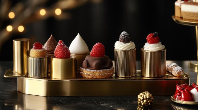 Assortment of Exquisite Mini Desserts on a Golden Tray