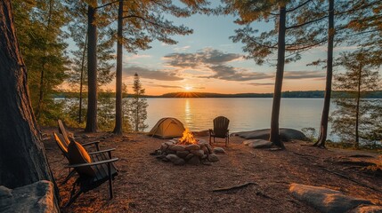 Scenic campsite by a tranquil lake at sunset with a campfire, tent, and chairs under tall trees