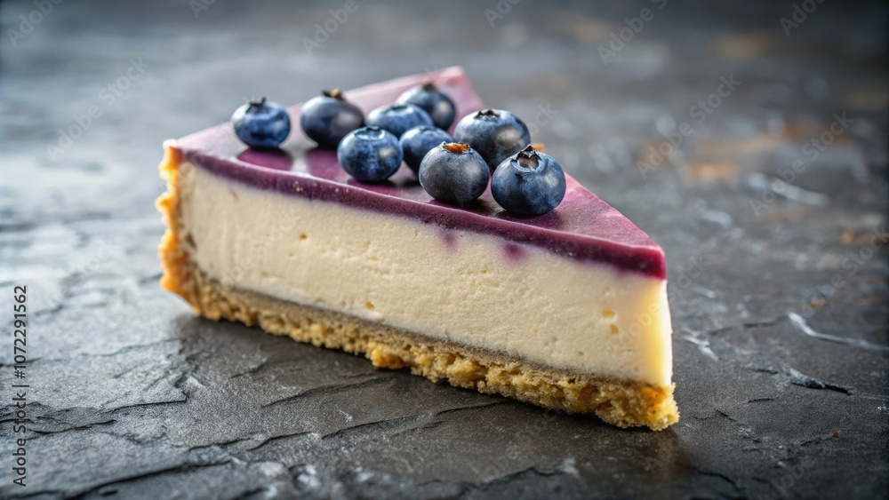 Poster a single slice of cheesecake topped with fresh blueberries, showcasing a creamy center and a purple 