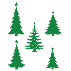 six different types of Christmas trees. All the trees are green in color and have a simple, minimalist design