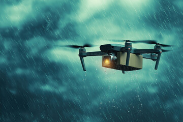A drone delivers package, flies through rain, carrying a cardboard box in challenging weather conditions. Concept of autonomous delivery, logistics technology, aerial delivery and remote delivery.