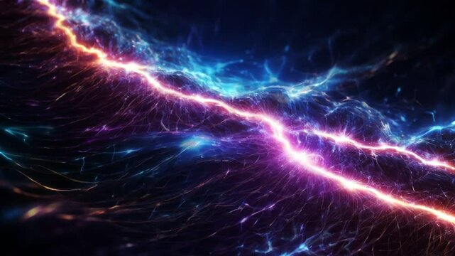 abstract scenes with high-energy flashes of light that appear like lightning or flowing electric currents. a futuristic and illusory atmosphere like a network or energy fiber. 4K