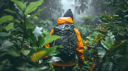 Hiker in bright orange jacket exploring misty forest. Adventure lifestyle photography ideal for outdoor gear marketing, travel blogs and wilderness equipment promotions.