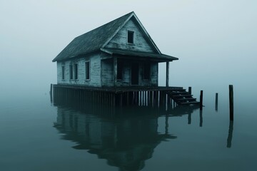 Mysterious house on stilts reflecting in calm water during foggy morning