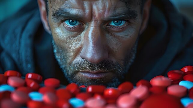 Dramatic close up portrait with intense gaze above scattered red objects, using cinematic blue lighting perfect for thriller or suspense marketing content.
