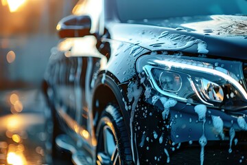 Modern car during washing process with foam and water droplets creates premium automotive detailing and maintenance service concept.