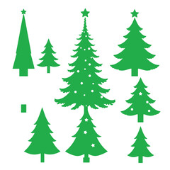 six different types of Christmas trees. All the trees are green in color and have a simple, minimalist design