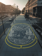 Scenic landscape street art with a tranquil feel in an urban environment