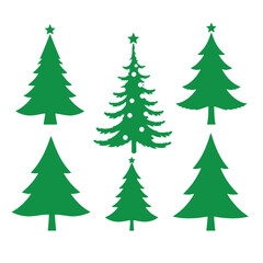 six different types of Christmas trees. All the trees are green in color and have a simple, minimalist design