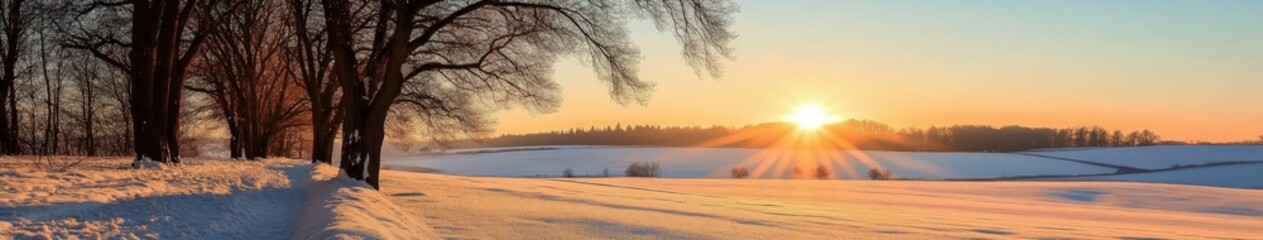 Winter sunrise over a snowy landscape with trees and fields