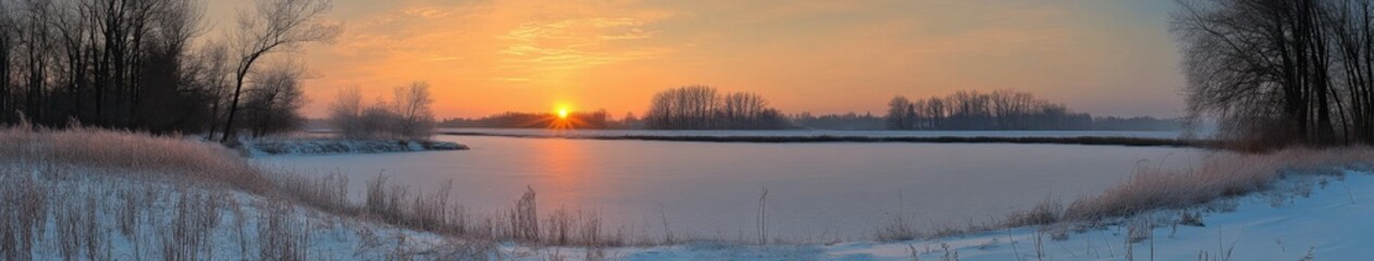 Fototapeta premium Winter sunrise over a frozen lake with trees lining the shore