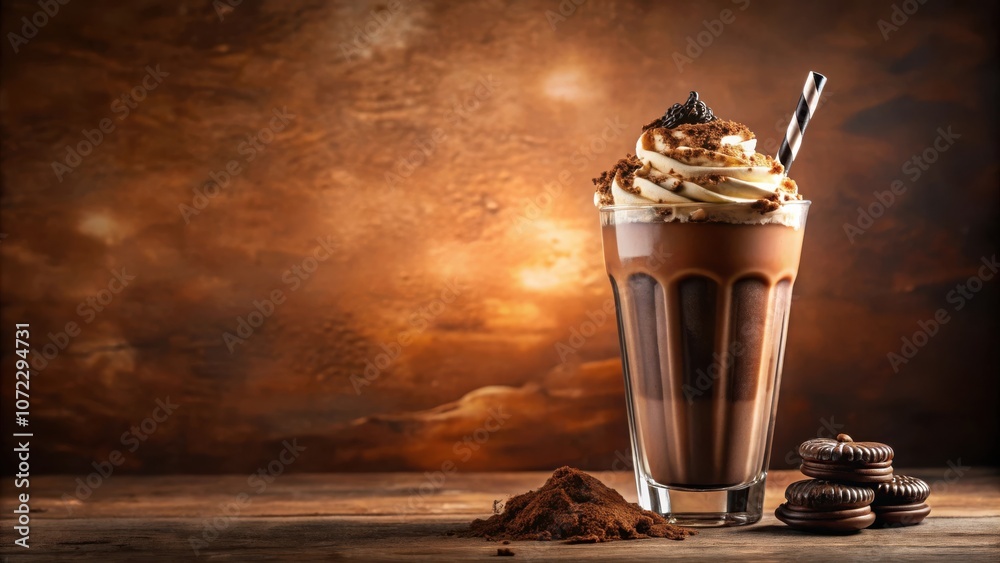 Poster a frosty chocolate milkshake topped with whipped cream and chocolate shavings, served with a straw a