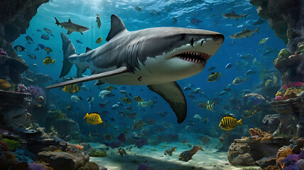 Obraz premium Atlantis Reimagined with Megalodon and Sharks Vibrant Underwater