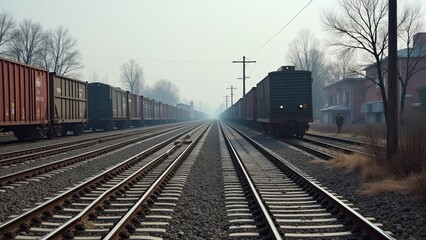 Obraz premium Freight Train Travels Through a Foggy Landscape With Empty Tracks on a Quiet Morning in a Rural Setting