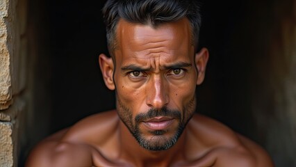 Obraz premium A Close-Up Portrait of a Muscular Man With Intense Expression, Captured in Natural Light Near a Stone Wall