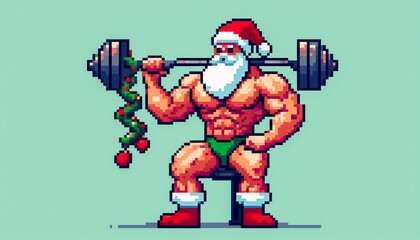 Christmas themed 8bit pixel art illustration of a muscular santa