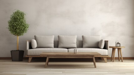 interior design concept sofa with gray upholstery coffee table with wooden surface on beige wall background tree in a pot
