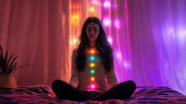 Woman meditating in Yoga Pose Surrounded by Vibrant Chakra Energy Light