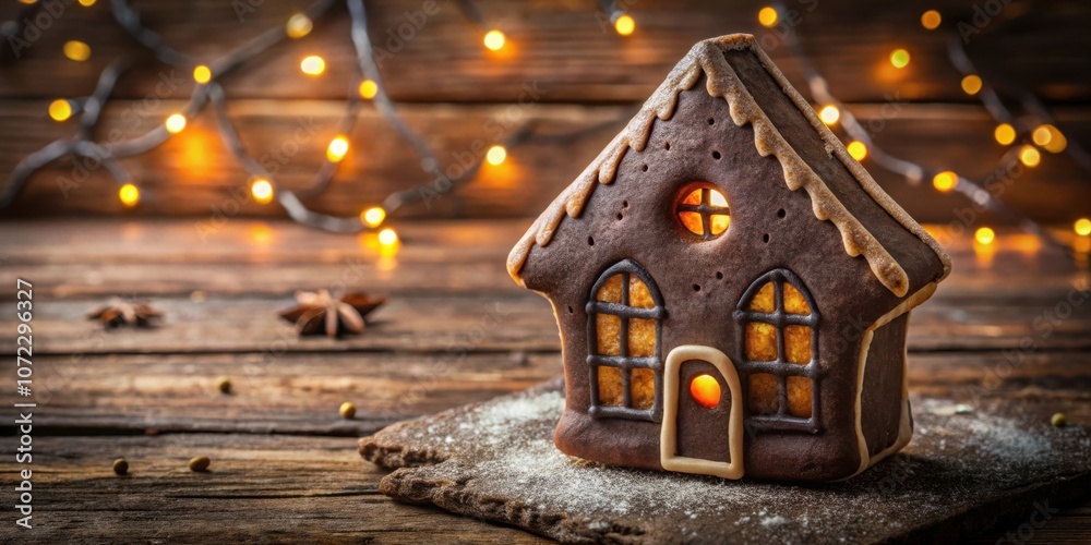 Poster a gingerbread house glows with warmth on a rustic wooden tabletop surrounded by twinkling lights
