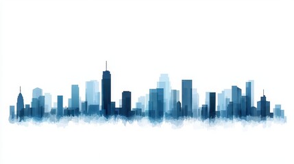 Naklejka premium Abstract city skyline design with gradient blue tones and watercolor effects showcasing modern architecture against a white background