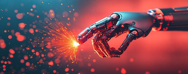 Fototapeta premium A futuristic robotic hand extends towards a glowing spark in an abstract background of blue and red hues, symbolizing the intersection of technology and innovation.