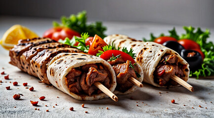 Donar Kebab plate of delicious food, consisting of a variety of colorful wraps filled with succulent meat, fresh vegetables, and herbs.