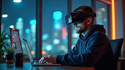 Fototapeta premium A Young Man Explores Virtual Reality at Night While Sitting in a Cozy Workspace With City Lights Shining Through the Window