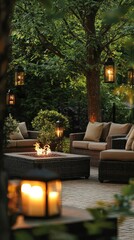 Cozy Outdoor Patio with Lanterns and Fire Pit