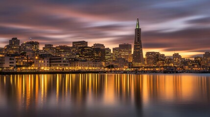 Obraz premium Stunning cityscape of a vibrant metropolis at sunset with glowing skyscrapers and their reflections in the calm waters