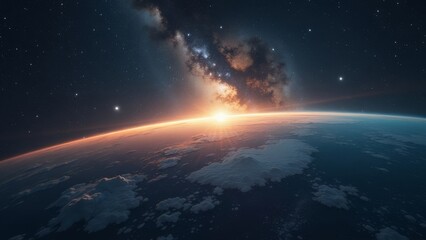 Breathtaking sunrise over earth with majestic galaxy in the background