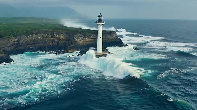 Drone view of a lighthouse with large surf waves crashing against the rocks.