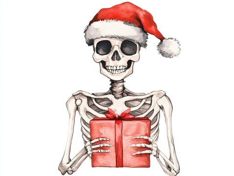 A cheerful skeleton wearing a Santa hat holds a festive red gift, blending Halloween and Christmas themes in a humorous way, watercolor style